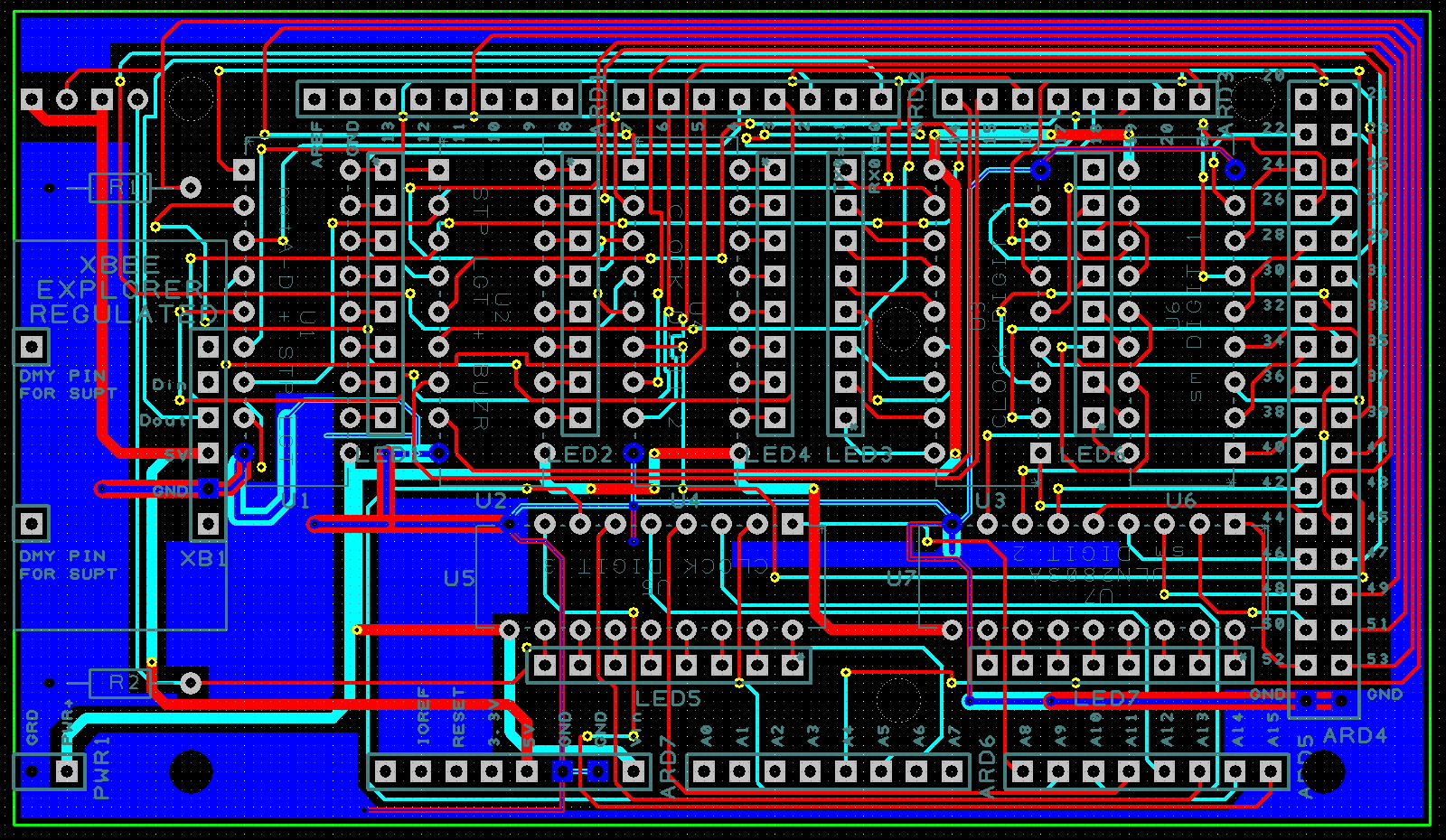 Printed circuit board layout for ArcheryClock digit drivers and Arduino headers