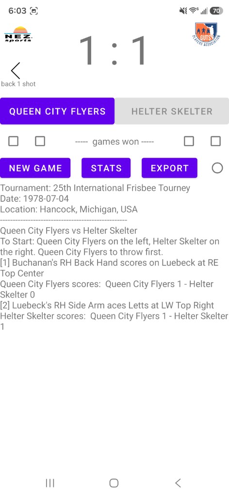 Live match view with score 1-1, team tabs, and annotated play-by-play log