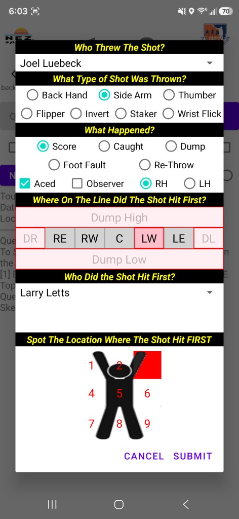 Shot entry form with side-arm release, ace checked, and left-wing line position
