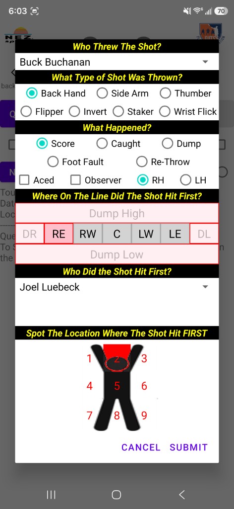 Shot entry form showing thrower, back-hand release, score on the right edge, and head body zone