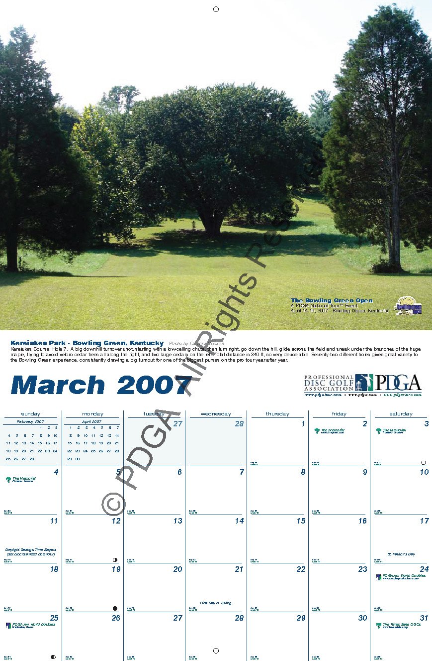 PDGA National Tour calendar interior page with disc golf course photography